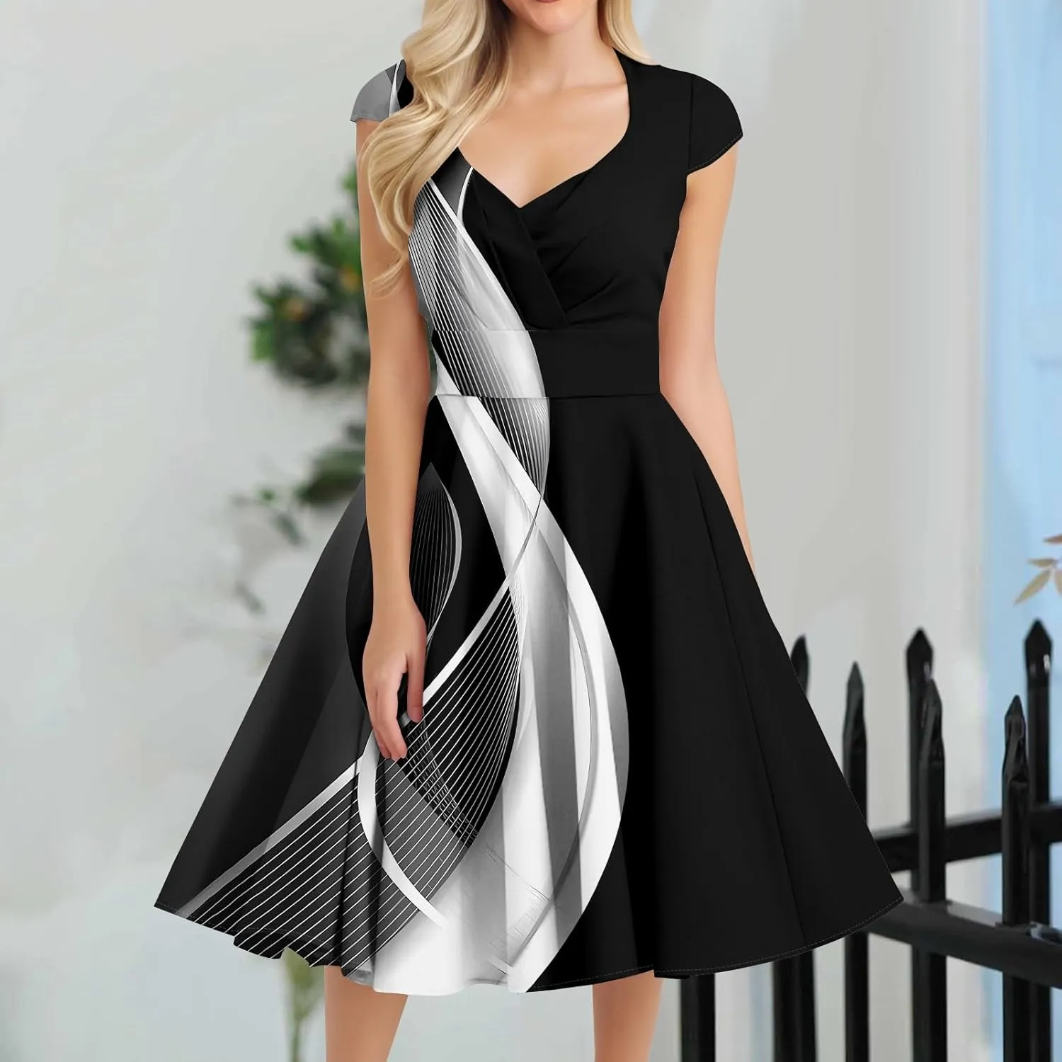 Kenvina 1950S Vintage Dress for Women Wrap V Neck Cap Sleeve Dress Retro Cocktail Party Swing Dresses A-Line Midi Dress