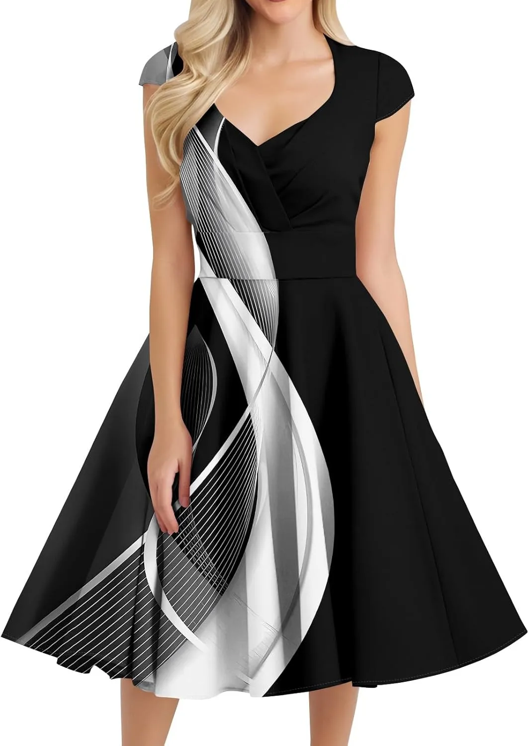 Kenvina 1950S Vintage Dress for Women Wrap V Neck Cap Sleeve Dress Retro Cocktail Party Swing Dresses A-Line Midi Dress