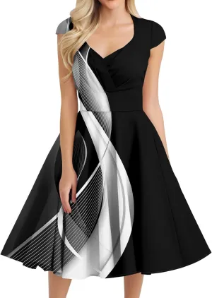 Kenvina 1950S Vintage Dress for Women Wrap V Neck Cap Sleeve Dress Retro Cocktail Party Swing Dresses A-Line Midi Dress