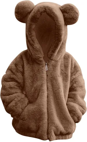 Kids Girl's Zip Up Fuzzy Fleece Jacket Cute Teddy Coat Ultra Soft Bear Ears Hoodie Sweatshirt Toddler Winter Coat