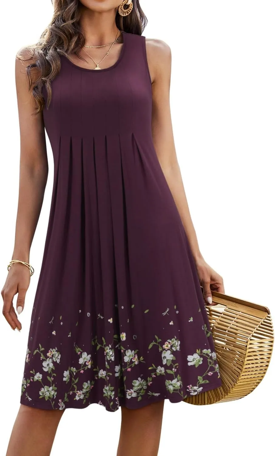 KILIG Womens Summer Dresses 2025 Casual Pleated Floral A-line Tank Sundress Beach Vacation Cruise Outfits