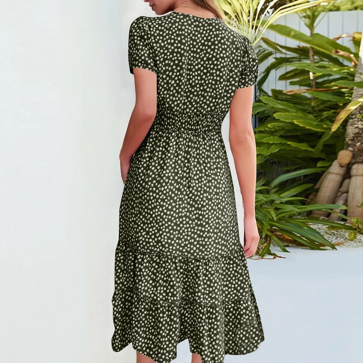 Knee Length Dress for Women 2025 Summer Boho Floral Short Sleeve Casual Square Neck A-Line Flowy Tiered Ruffle Sundress