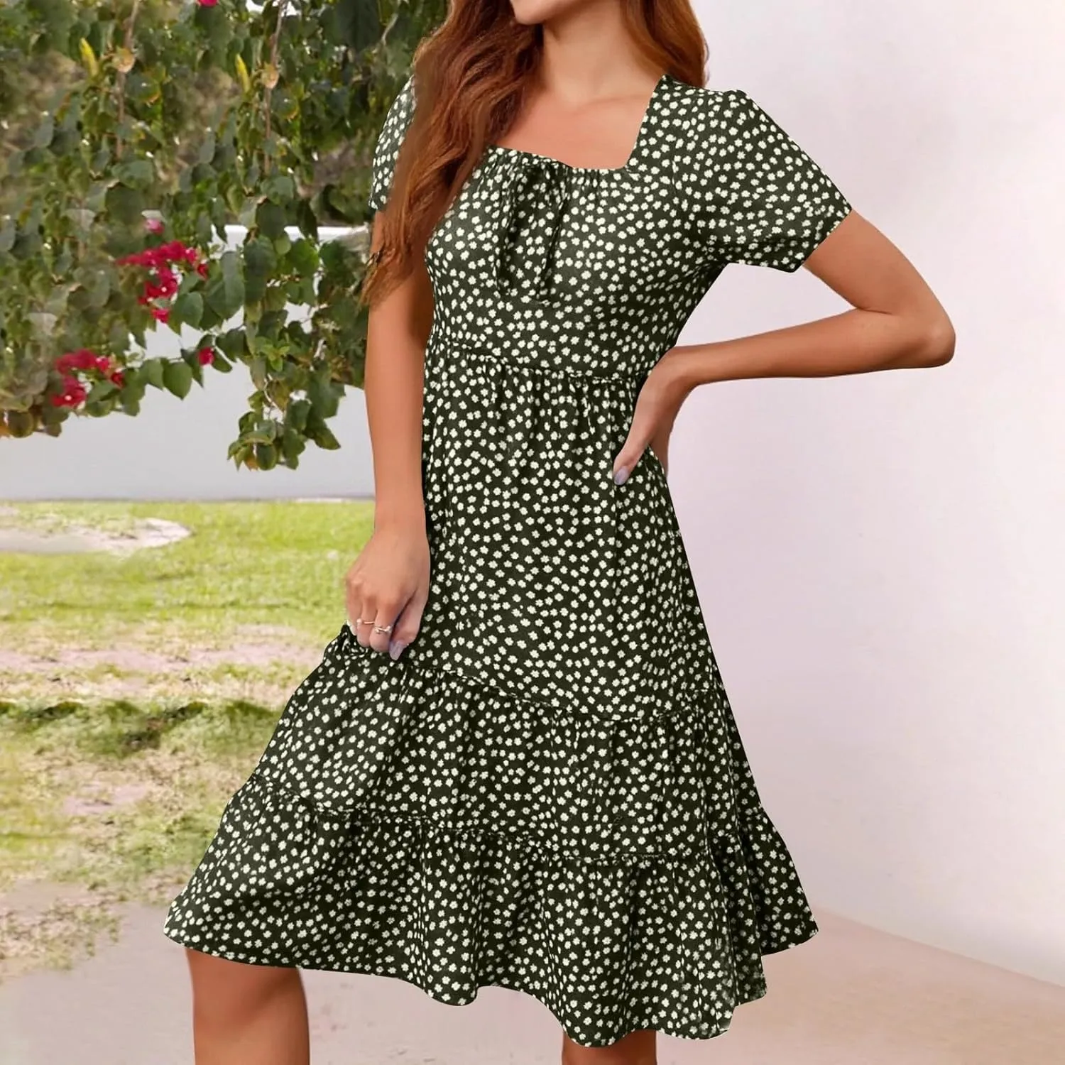 Knee Length Dress for Women 2025 Summer Boho Floral Short Sleeve Casual Square Neck A-Line Flowy Tiered Ruffle Sundress