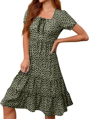 Knee Length Dress for Women 2025 Summer Boho Floral Short Sleeve Casual Square Neck A-Line Flowy Tiered Ruffle Sundress