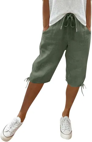 Linen Bermuda Shorts for Women Knee Length Elastic Waist Casual Shorts Loose Fit Comfy Linen Beach Pants with Pockets
