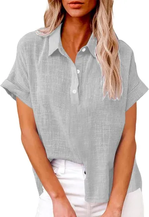 Linen Button Down Shirt Women 2025 Casual Short Sleeve Button Collared Daily Top Blouse Bathing Suit Cover Ups Tops