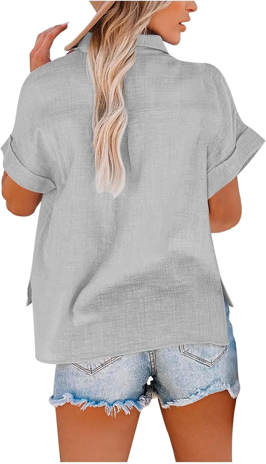 Linen Button Down Shirt Women 2025 Casual Short Sleeve Button Collared Daily Top Blouse Bathing Suit Cover Ups Tops