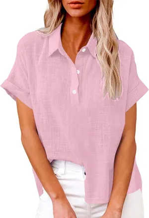 Linen Button Down Shirt Women 2025 Casual Short Sleeve Button Collared Daily Top Blouse Bathing Suit Cover Ups Tops