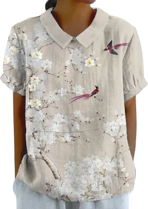 Linen Tunic Tops for Women Solid Color Tees Women Short Sleeve Button Down Up Shirt Casual Collared V Neck Tops Short