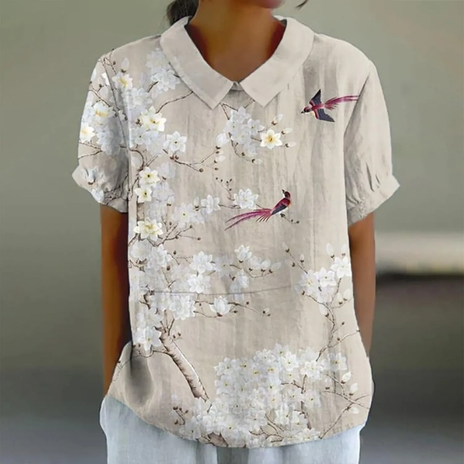 Linen Tunic Tops for Women Solid Color Tees Women Short Sleeve Button Down Up Shirt Casual Collared V Neck Tops Short