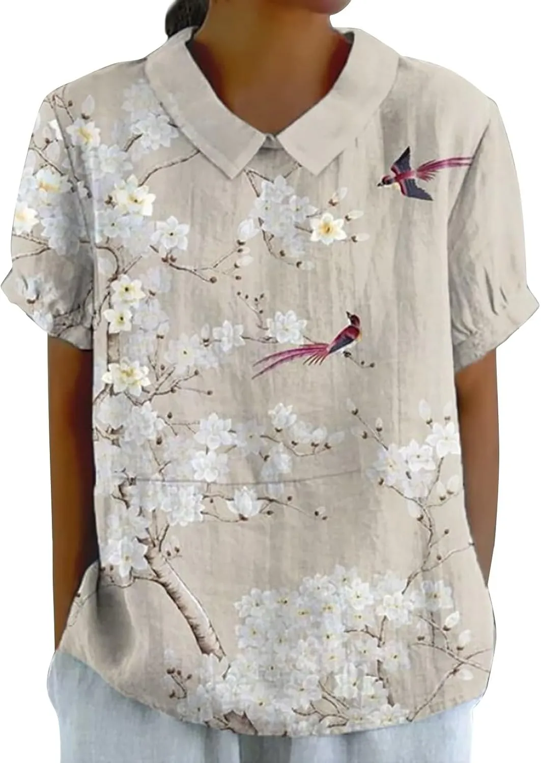 Linen Tunic Tops for Women Solid Color Tees Women Short Sleeve Button Down Up Shirt Casual Collared V Neck Tops Short