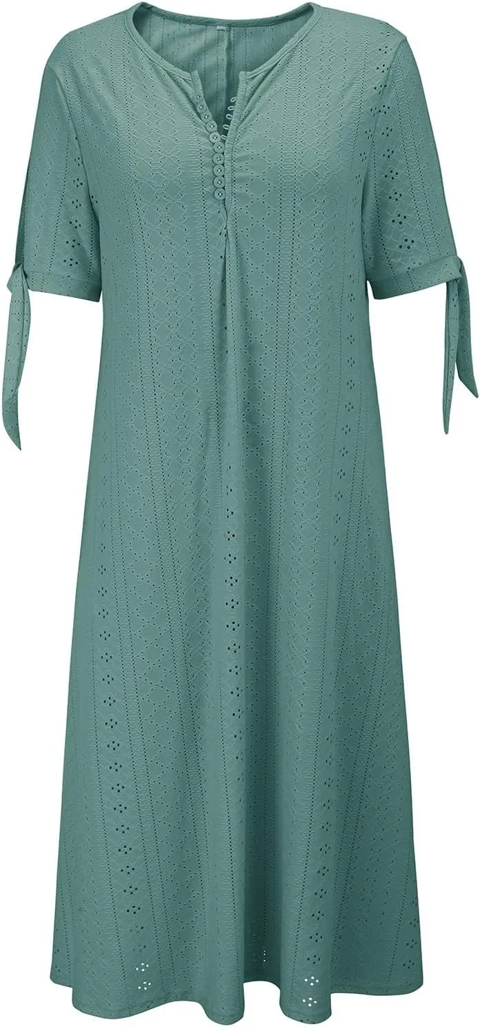 Maxi Dresses for Seniors 2025 Trendy Short Sleeve Boho Eyelet Tshirt Dress Casual Summer Beach Vacation Sundress