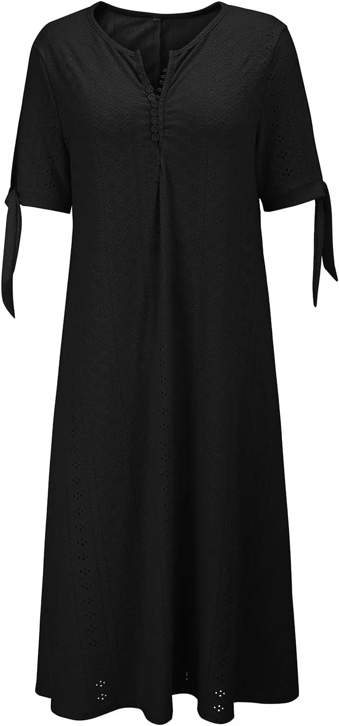 Maxi Dresses for Seniors 2025 Trendy Short Sleeve Boho Eyelet Tshirt Dress Casual Summer Beach Vacation Sundress