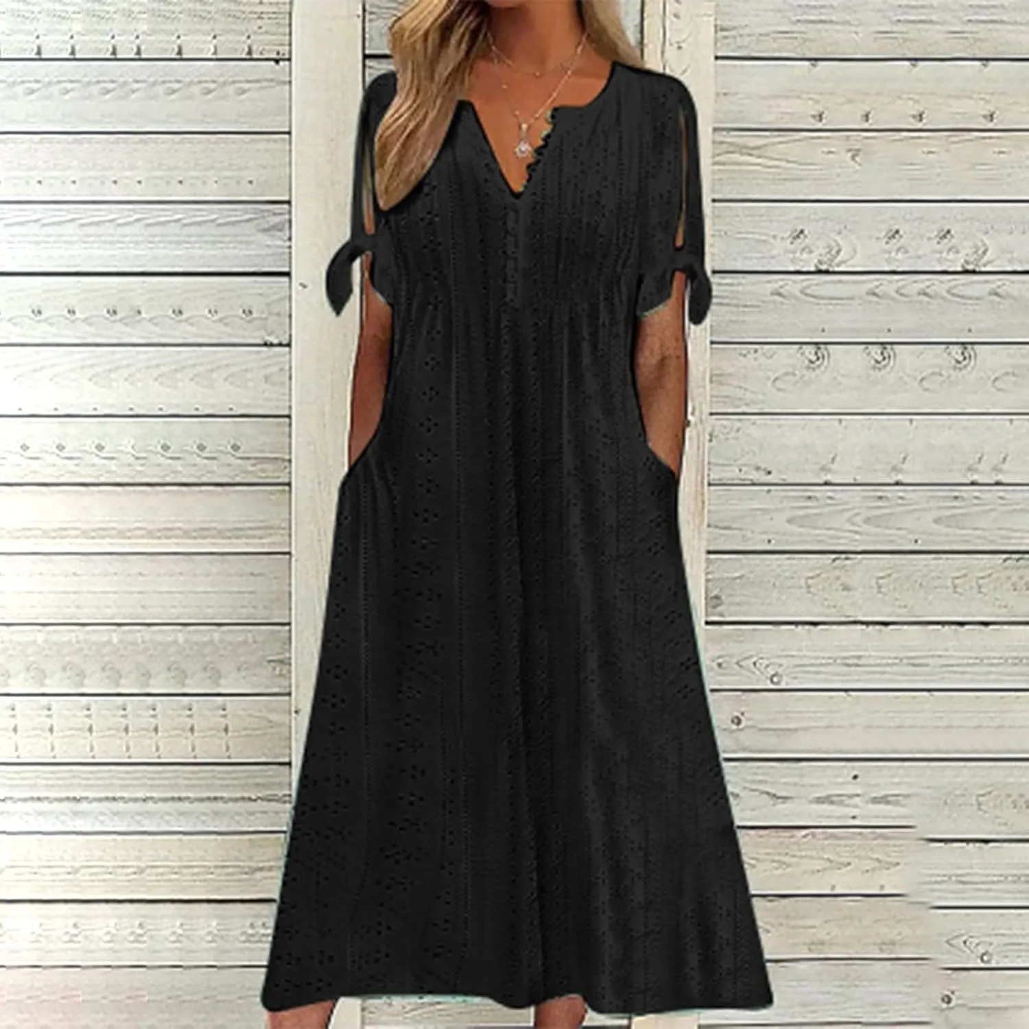 Maxi Dresses for Seniors 2025 Trendy Short Sleeve Boho Eyelet Tshirt Dress Casual Summer Beach Vacation Sundress