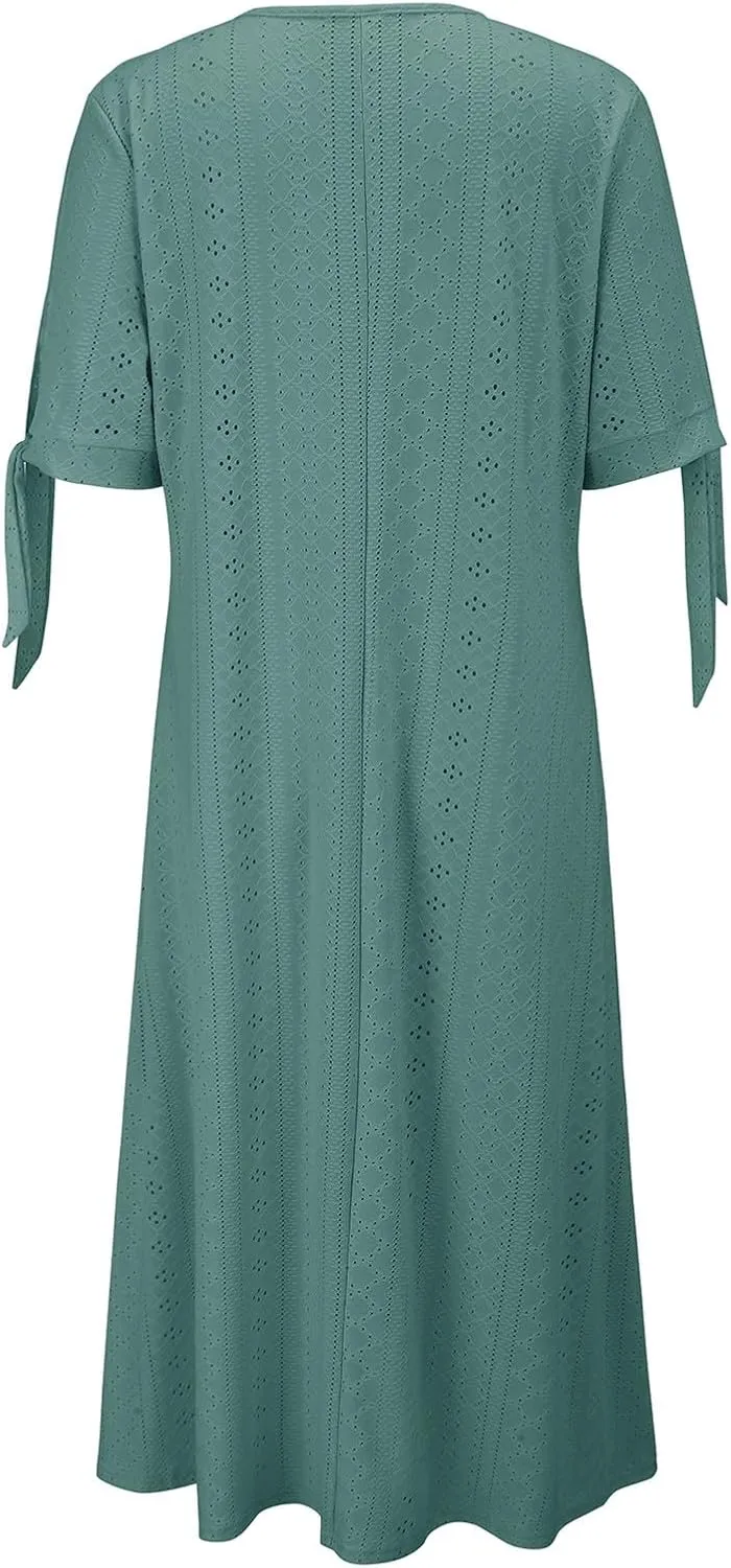 Maxi Dresses for Seniors 2025 Trendy Short Sleeve Boho Eyelet Tshirt Dress Casual Summer Beach Vacation Sundress