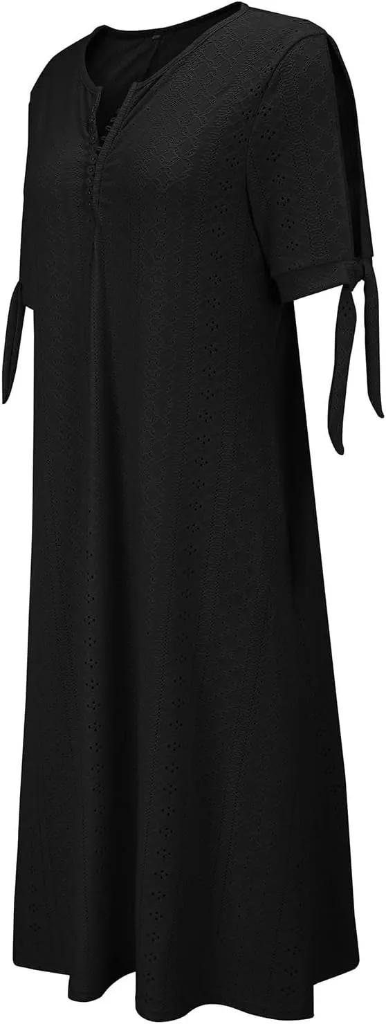 Maxi Dresses for Seniors 2025 Trendy Short Sleeve Boho Eyelet Tshirt Dress Casual Summer Beach Vacation Sundress