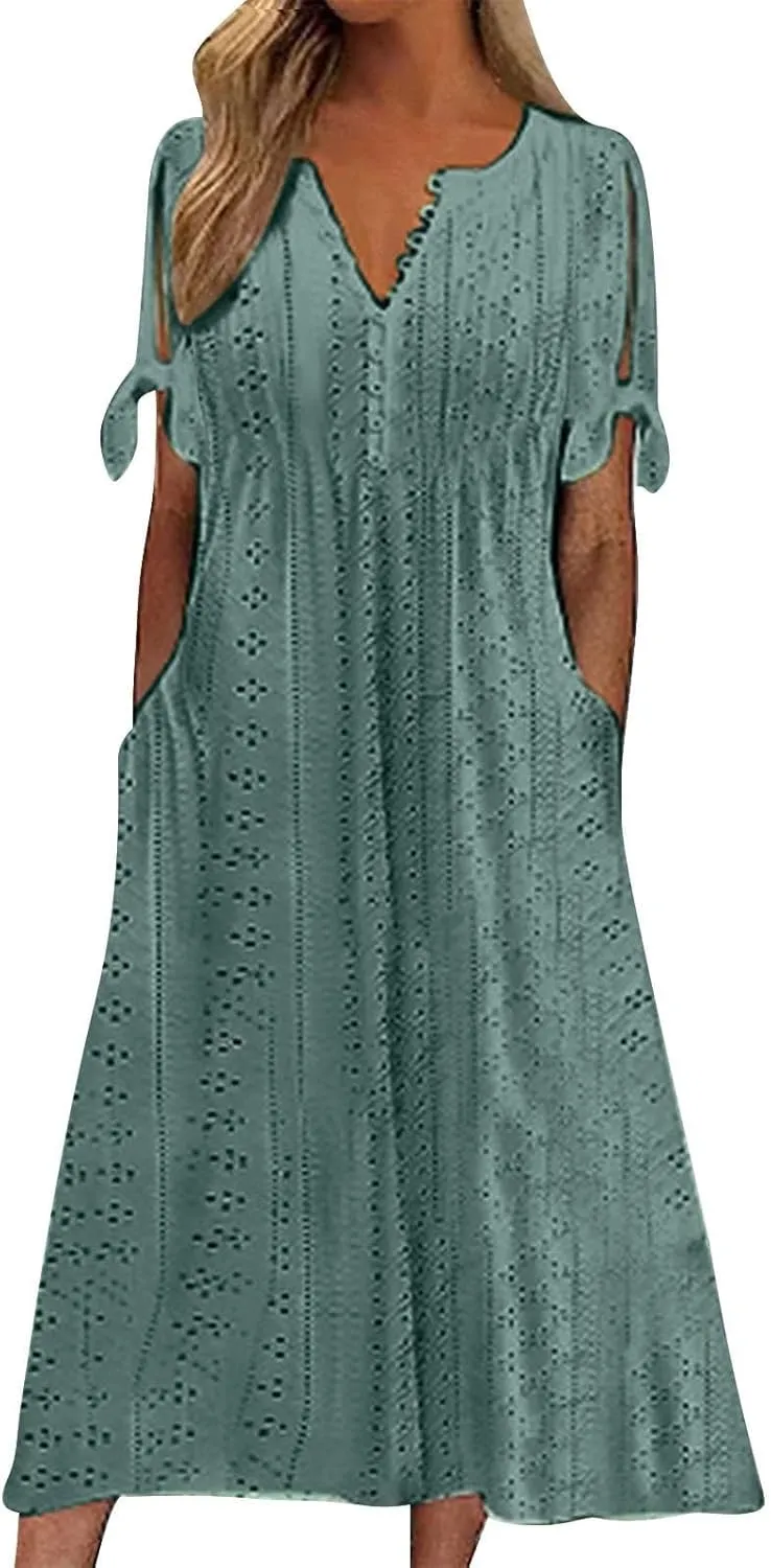 Maxi Dresses for Seniors 2025 Trendy Short Sleeve Boho Eyelet Tshirt Dress Casual Summer Beach Vacation Sundress