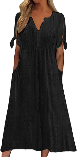 Maxi Dresses for Seniors 2025 Trendy Short Sleeve Boho Eyelet Tshirt Dress Casual Summer Beach Vacation Sundress