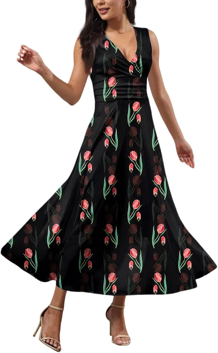 Maxi Dresses for Women 2025 Casual Trendy Summer A Line Flowy Dress Floral V Neck Sleeveless Formal Sundresses