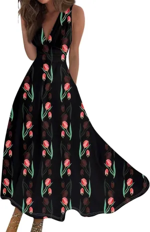 Maxi Dresses for Women 2025 Casual Trendy Summer A Line Flowy Dress Floral V Neck Sleeveless Formal Sundresses