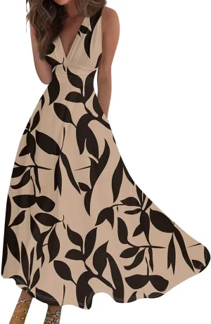 Maxi Dresses for Women 2025 Casual Trendy Summer A Line Flowy Dress Floral V Neck Sleeveless Formal Sundresses