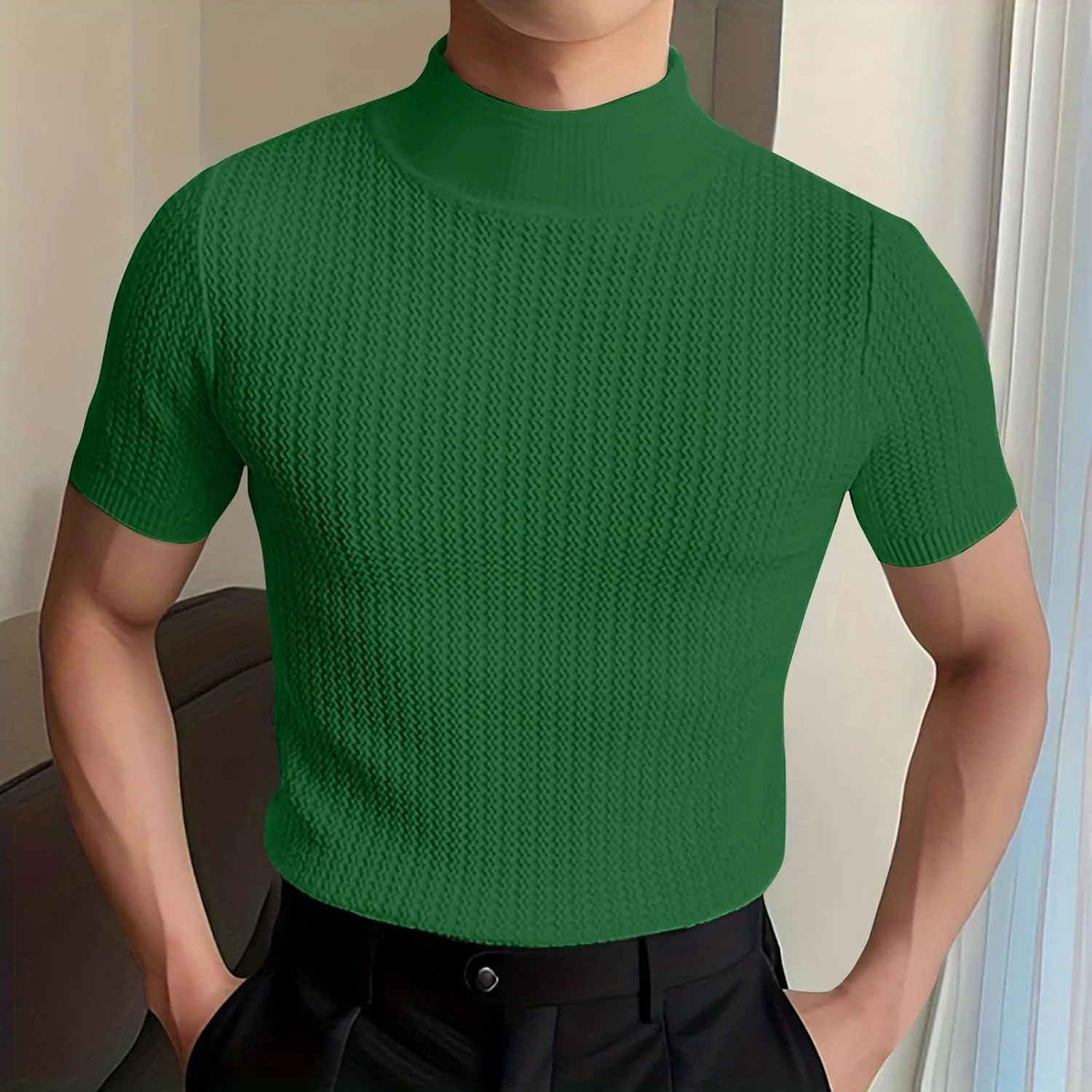 Men Mock Turtleneck Tshirt Ribbed High Collar Short Sleeve Pullover Tops Spring Summer Basic Fitted Muscle Undershirt