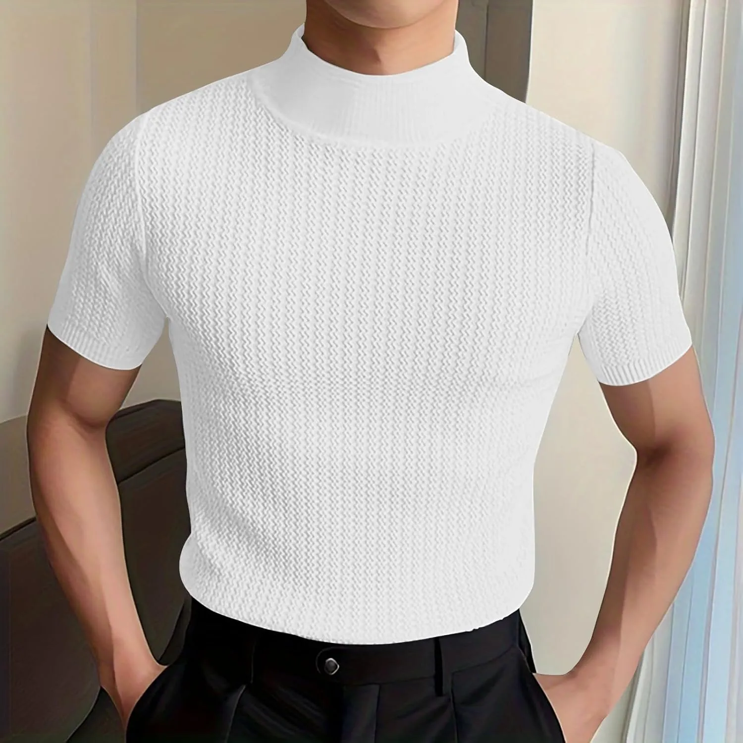 Men Mock Turtleneck Tshirt Ribbed High Collar Short Sleeve Pullover Tops Spring Summer Basic Fitted Muscle Undershirt