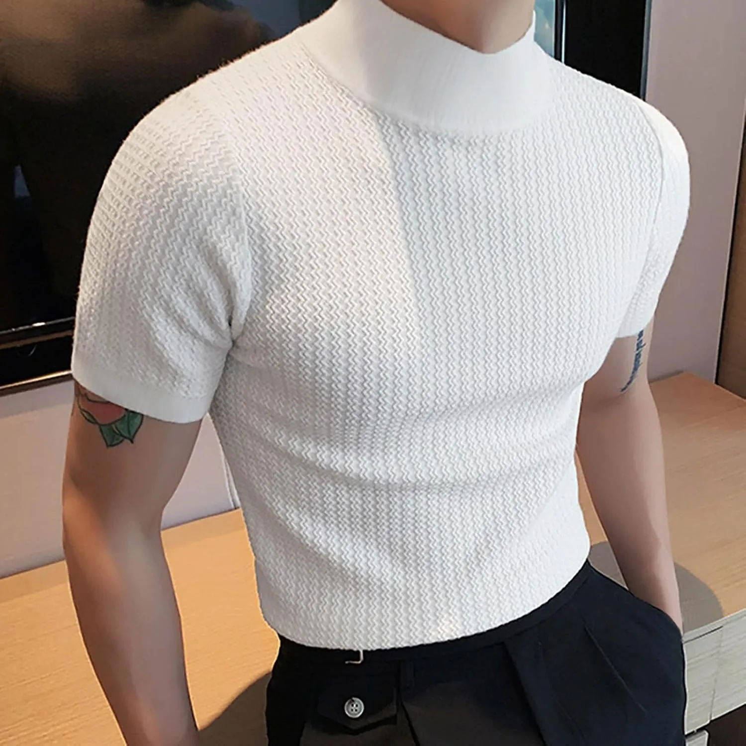 Men Mock Turtleneck Tshirt Ribbed High Collar Short Sleeve Pullover Tops Spring Summer Basic Fitted Muscle Undershirt