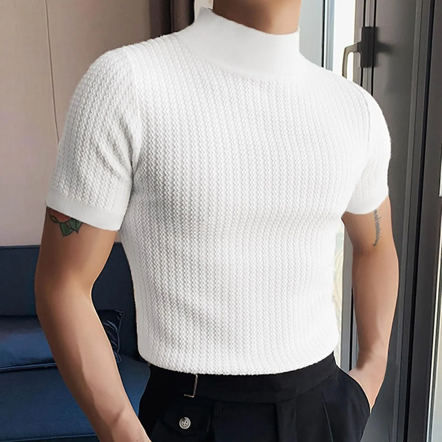 Men Mock Turtleneck Tshirt Ribbed High Collar Short Sleeve Pullover Tops Spring Summer Basic Fitted Muscle Undershirt
