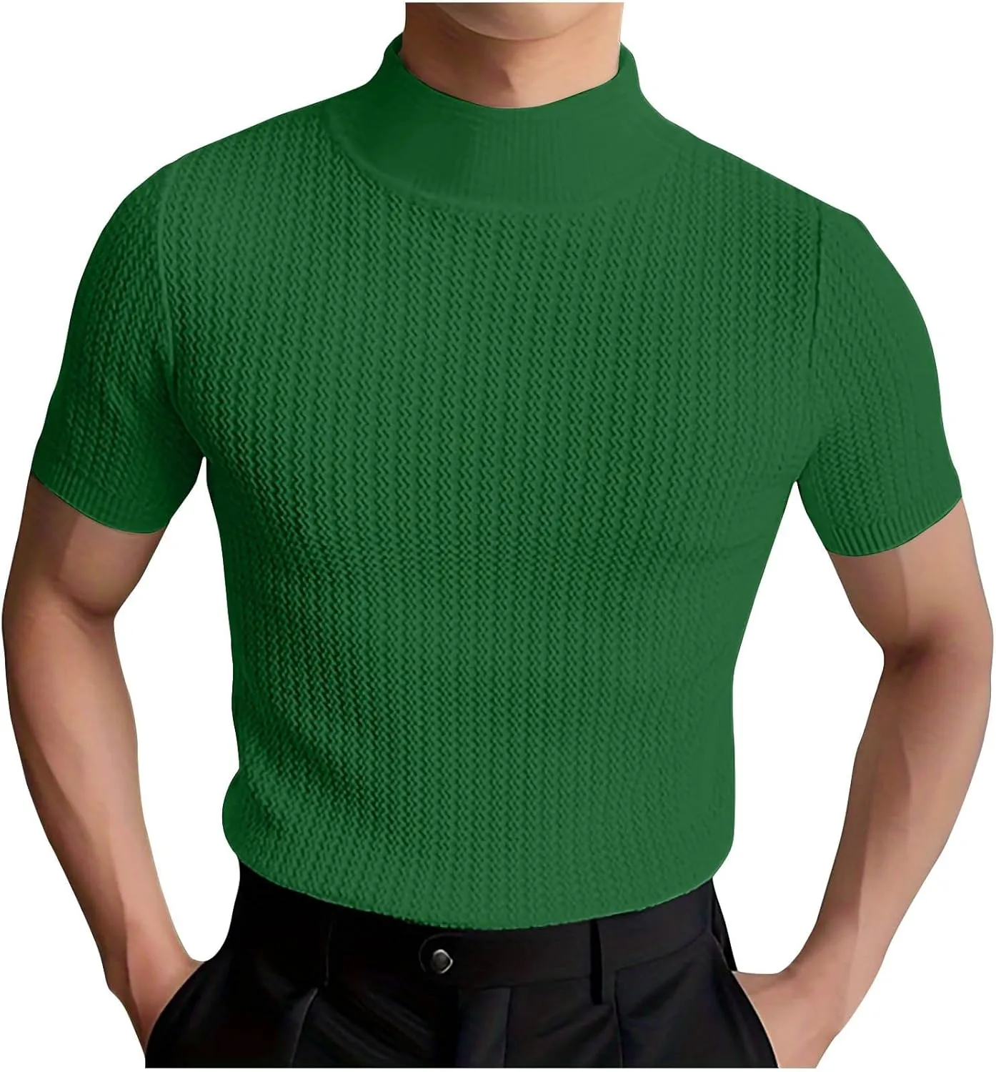 Men Mock Turtleneck Tshirt Ribbed High Collar Short Sleeve Pullover Tops Spring Summer Basic Fitted Muscle Undershirt