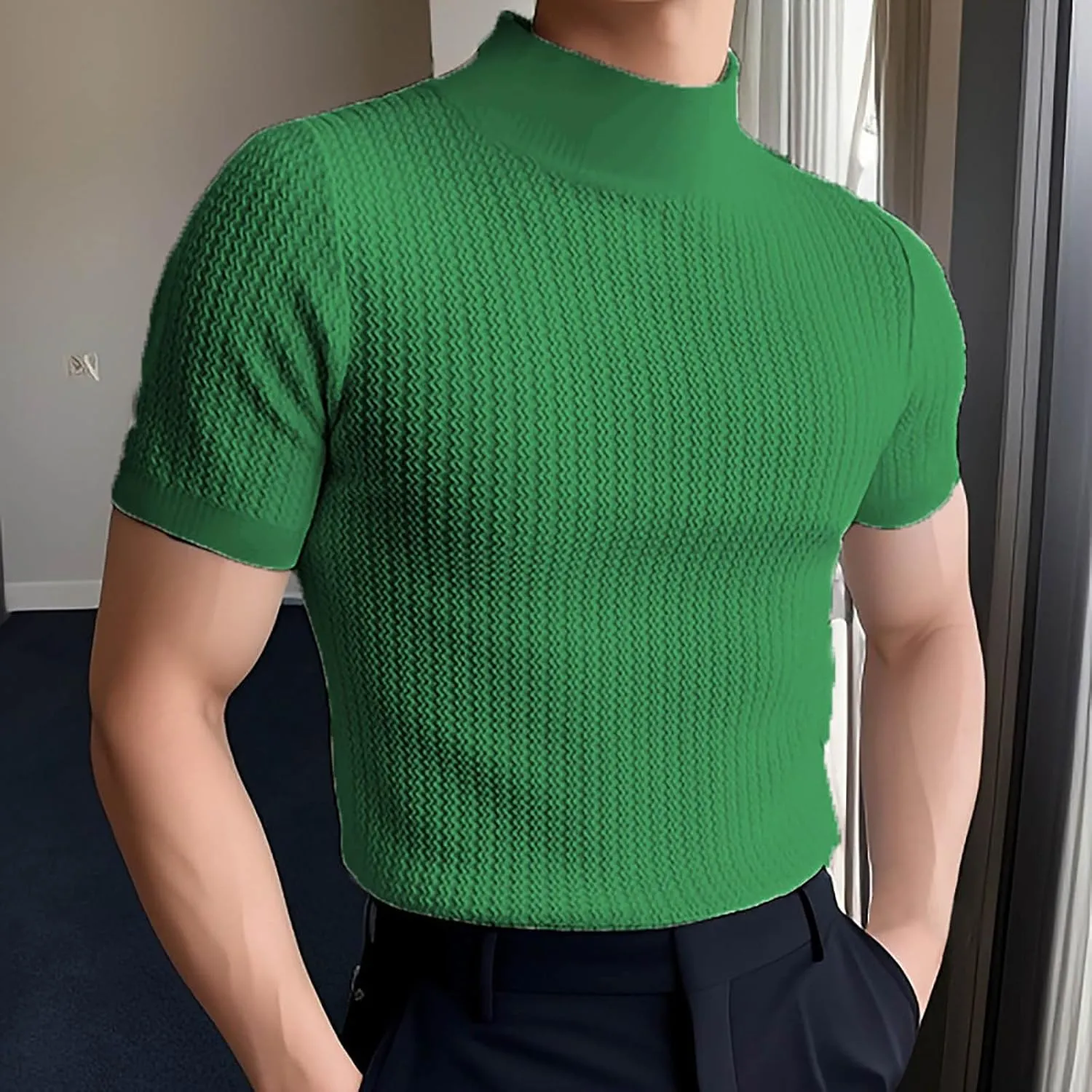 Men Mock Turtleneck Tshirt Ribbed High Collar Short Sleeve Pullover Tops Spring Summer Basic Fitted Muscle Undershirt