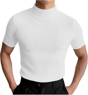 Men Mock Turtleneck Tshirt Ribbed High Collar Short Sleeve Pullover Tops Spring Summer Basic Fitted Muscle Undershirt