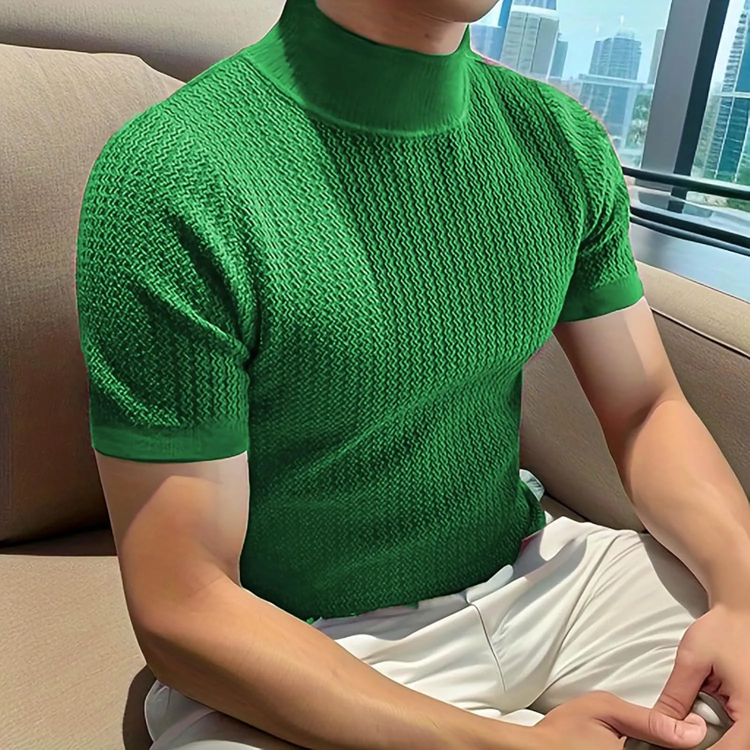 Men Mock Turtleneck Tshirt Ribbed High Collar Short Sleeve Pullover Tops Spring Summer Basic Fitted Muscle Undershirt