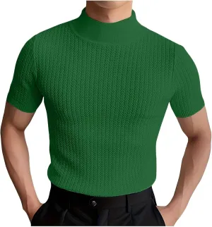 Men Mock Turtleneck Tshirt Ribbed High Collar Short Sleeve Pullover Tops Spring Summer Basic Fitted Muscle Undershirt