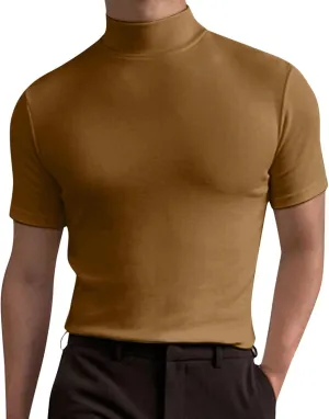 Mens Basic Mock Turtleneck Short Sleeve Solid Casual T-Shirt Pullover Tops Slim Fit Undershirt