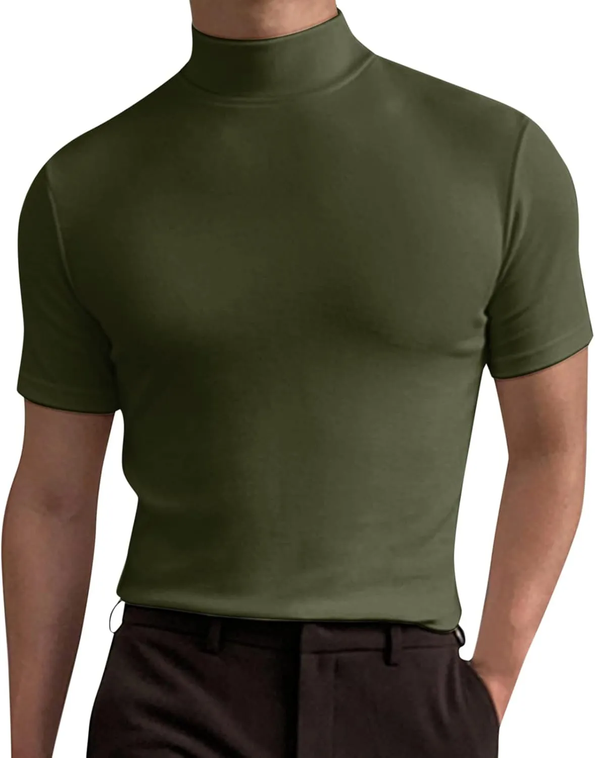 Mens Basic Mock Turtleneck Short Sleeve Solid Casual T-Shirt Pullover Tops Slim Fit Undershirt