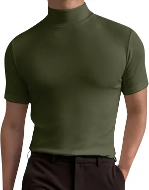 Mens Basic Mock Turtleneck Short Sleeve Solid Casual T-Shirt Pullover Tops Slim Fit Undershirt