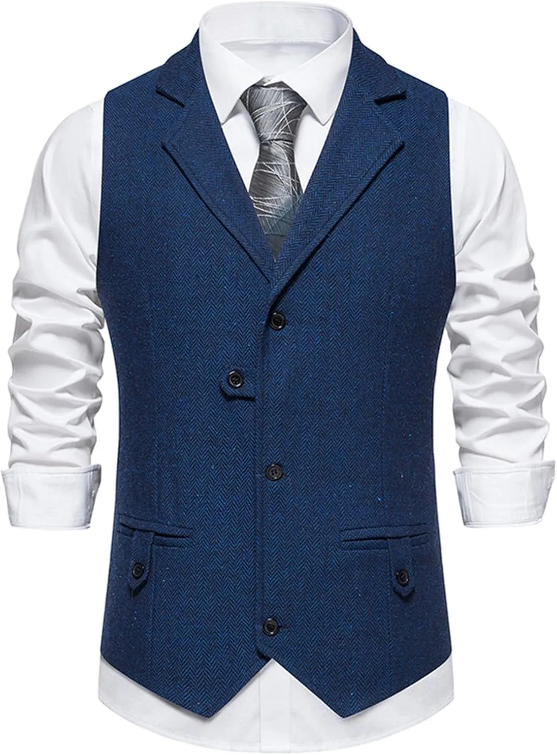 Men's Casual Business Vest Formal Dress Waistcoat Western Herringbone Wool Blend Slim Fit Suit Vests with Pockets