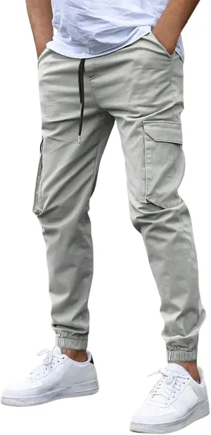 Men's Casual Cargo Pants Drawstring Leg Elastic Waist Slim Fit Summer Pants