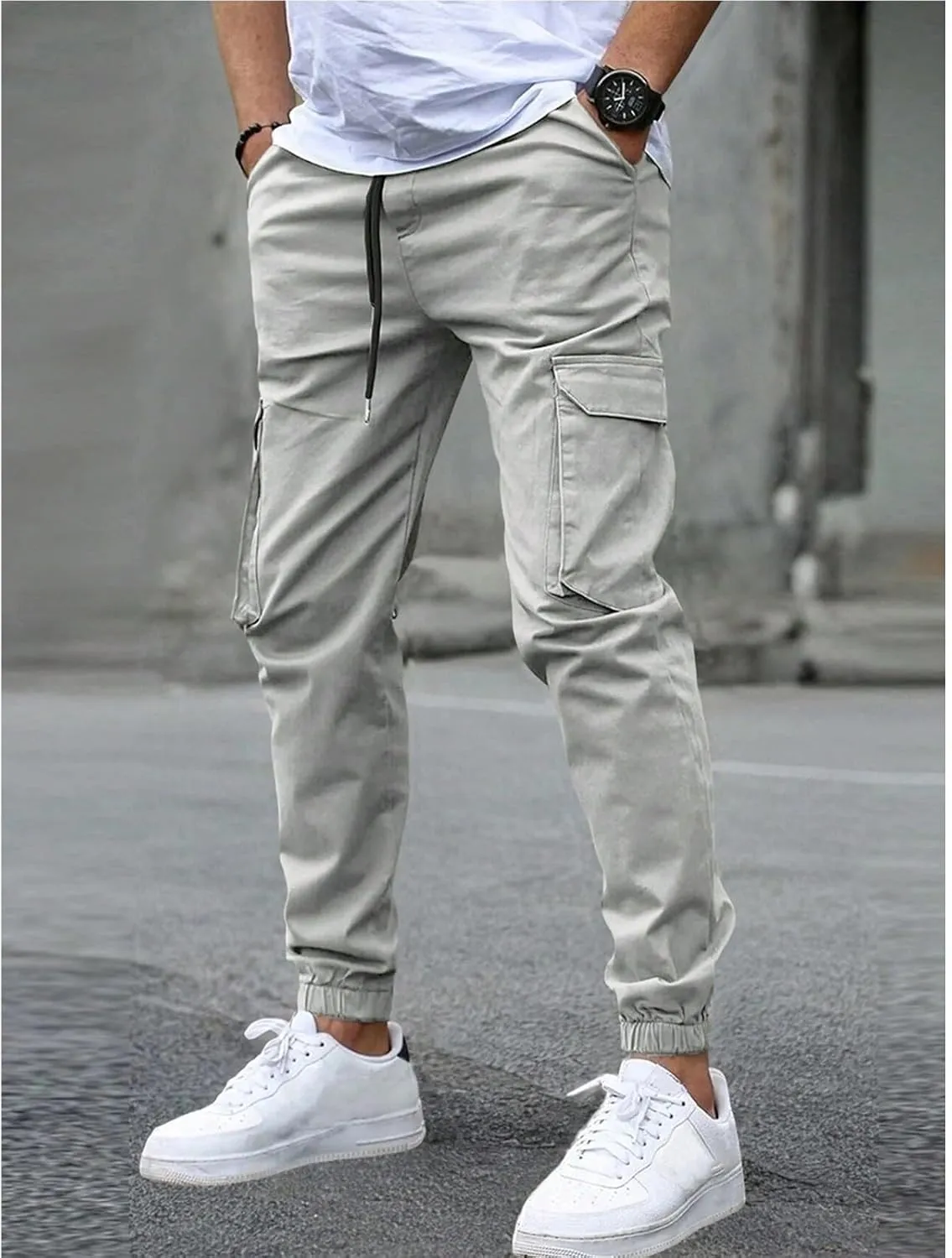 Men's Casual Cargo Pants Drawstring Leg Elastic Waist Slim Fit Summer Pants