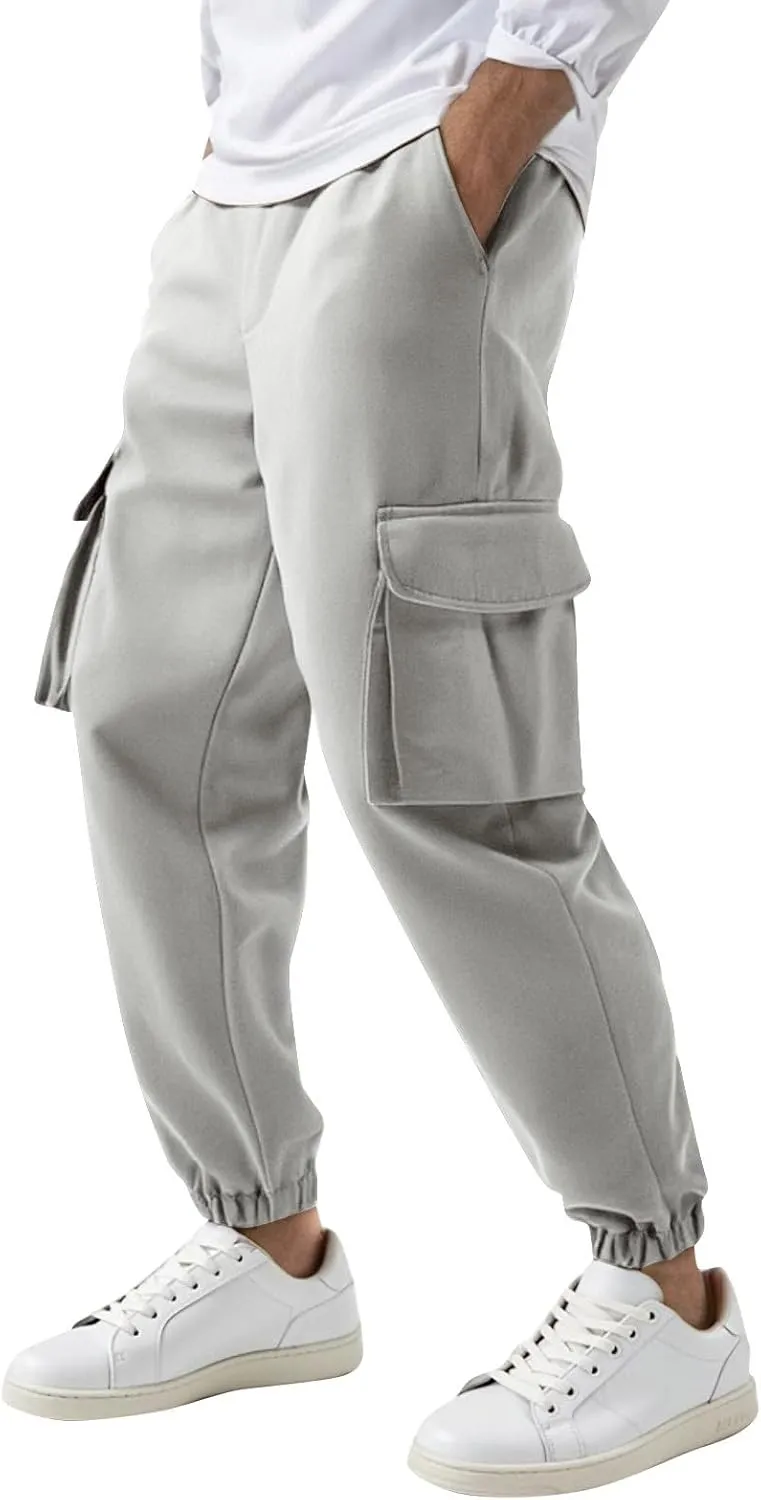 Men's Casual Cargo Pants Drawstring Leg Elastic Waist Slim Fit Summer Pants