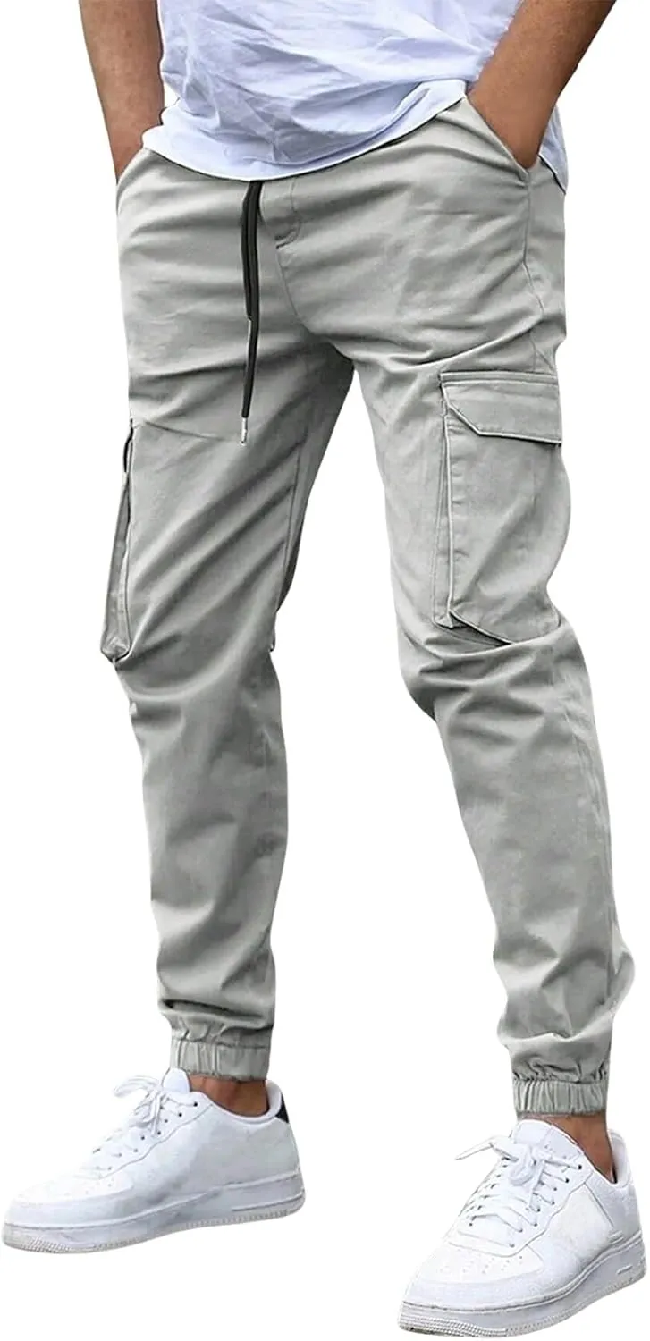 Men's Casual Cargo Pants Drawstring Leg Elastic Waist Slim Fit Summer Pants