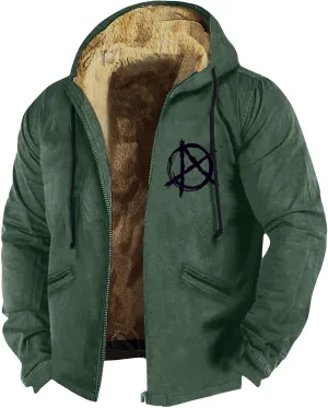 Mens Coat Sherpa Fleece Lined Hoodies Full Zipper Coats Winter Warm Jackets Vintage Printed Outwear