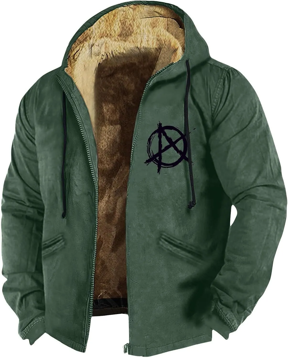 Mens Coat Sherpa Fleece Lined Hoodies Full Zipper Coats Winter Warm Jackets Vintage Printed Outwear