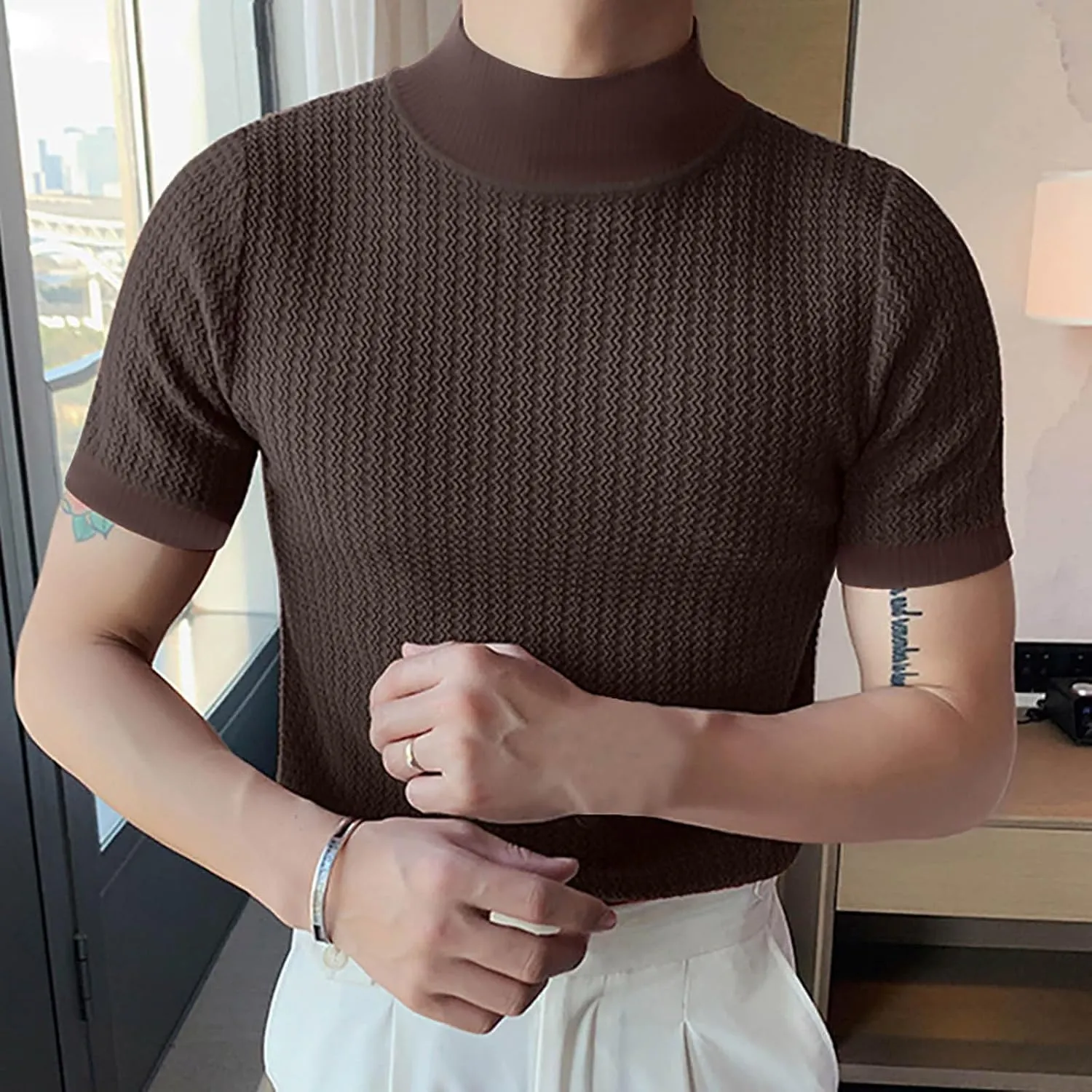 Men's Mock Turtleneck Sweater Short Sleeve Casual Basic Tops Jacquard Knit Pullover Tee Fitted Textured Undershirts
