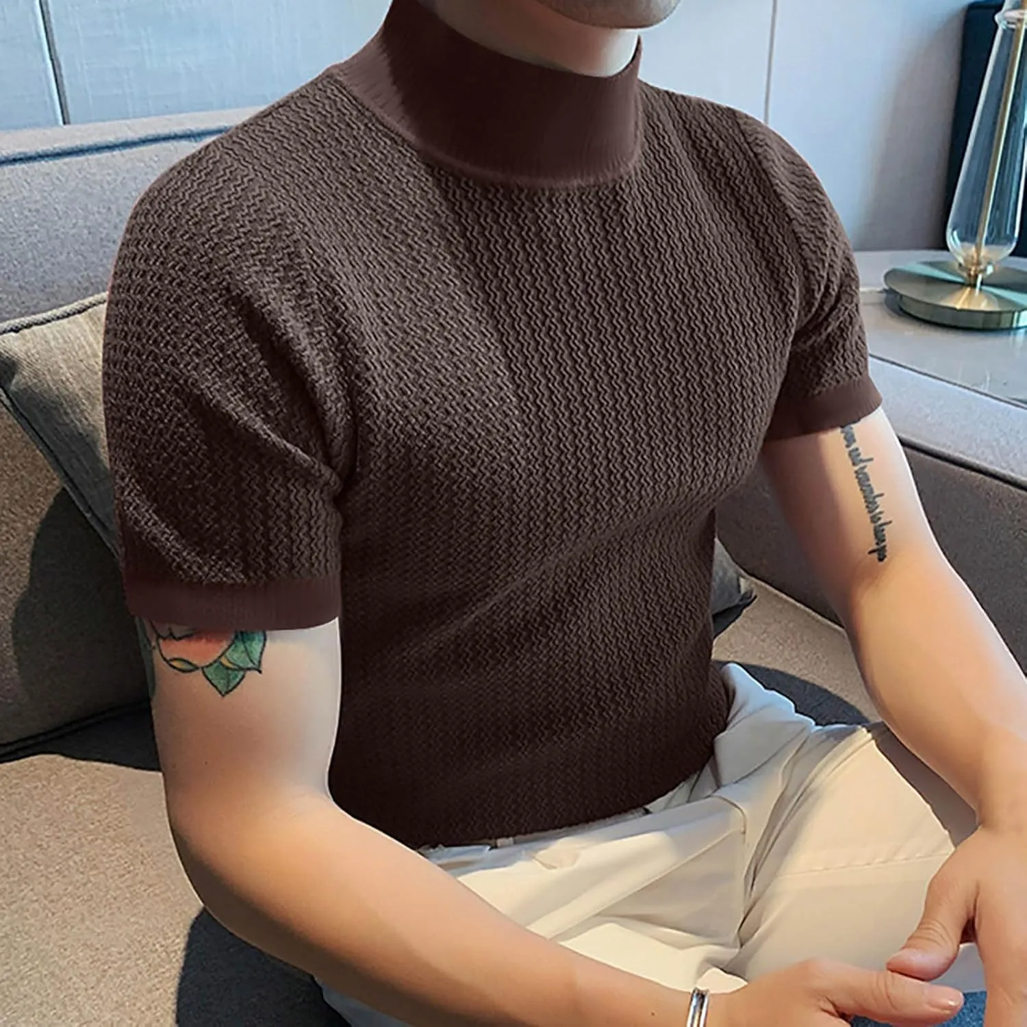 Men's Mock Turtleneck Sweater Short Sleeve Casual Basic Tops Jacquard Knit Pullover Tee Fitted Textured Undershirts