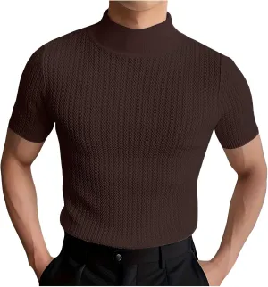 Men's Mock Turtleneck Sweater Short Sleeve Casual Basic Tops Jacquard Knit Pullover Tee Fitted Textured Undershirts