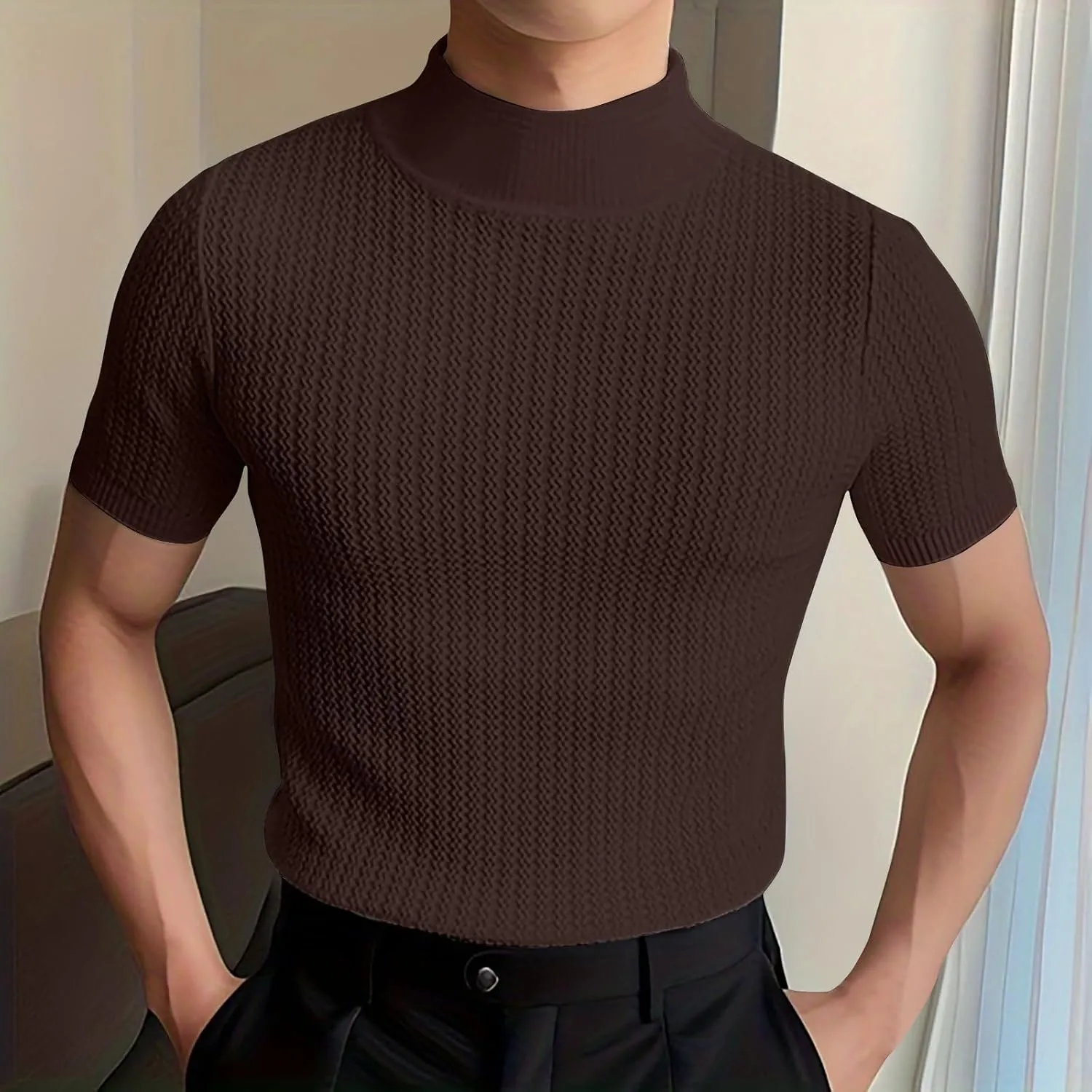 Men's Mock Turtleneck Sweater Short Sleeve Casual Basic Tops Jacquard Knit Pullover Tee Fitted Textured Undershirts