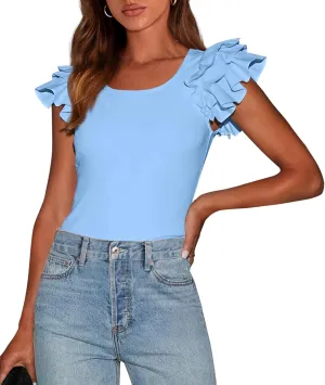 PRETTYGARDEN Women's Ruffle Short Sleeve Shirts 2025 Summer Casual Basic Tee Cute Fitted Crew Neck Fashion Tops Clothes