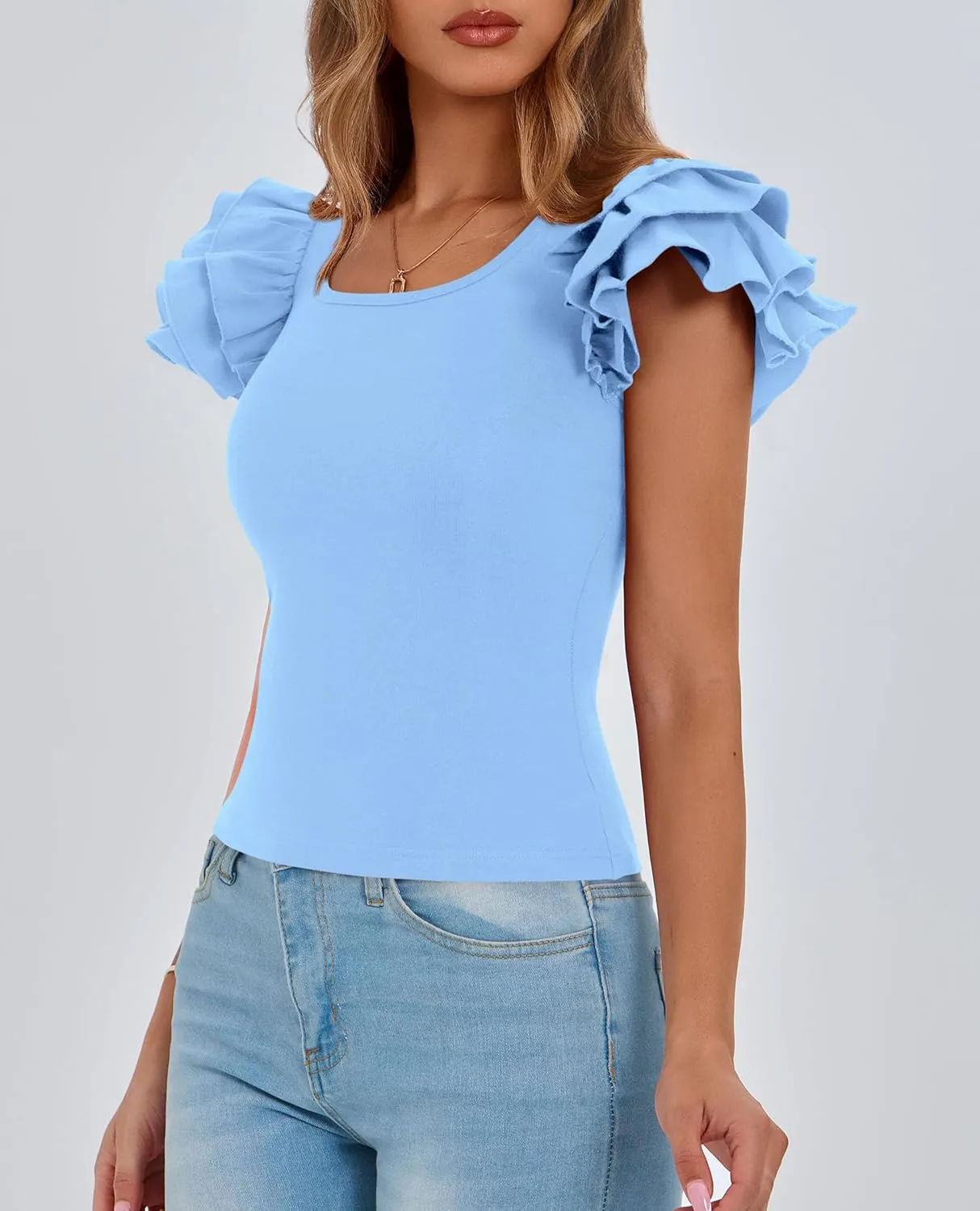 PRETTYGARDEN Women's Ruffle Short Sleeve Shirts 2025 Summer Casual Basic Tee Cute Fitted Crew Neck Fashion Tops Clothes